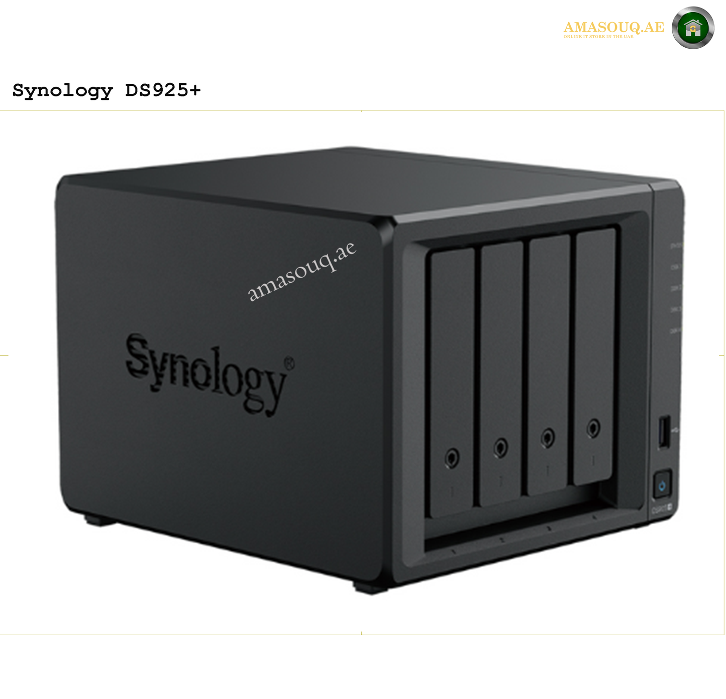 SYNOLOGY DISK STATION DS925+ | Synology DiskStation DS925+ 4 Drive Bays NAS Server, AMD Ryzen V1500B Processor, 4 GB RAM, 3.5" SATA HDD, 2.5" SATA SSD, M.2 2280 NVMe SSD, Hot Swappable Drive, Black | DS925+ | Free Warranty 2-3 Years | amasouq.ae