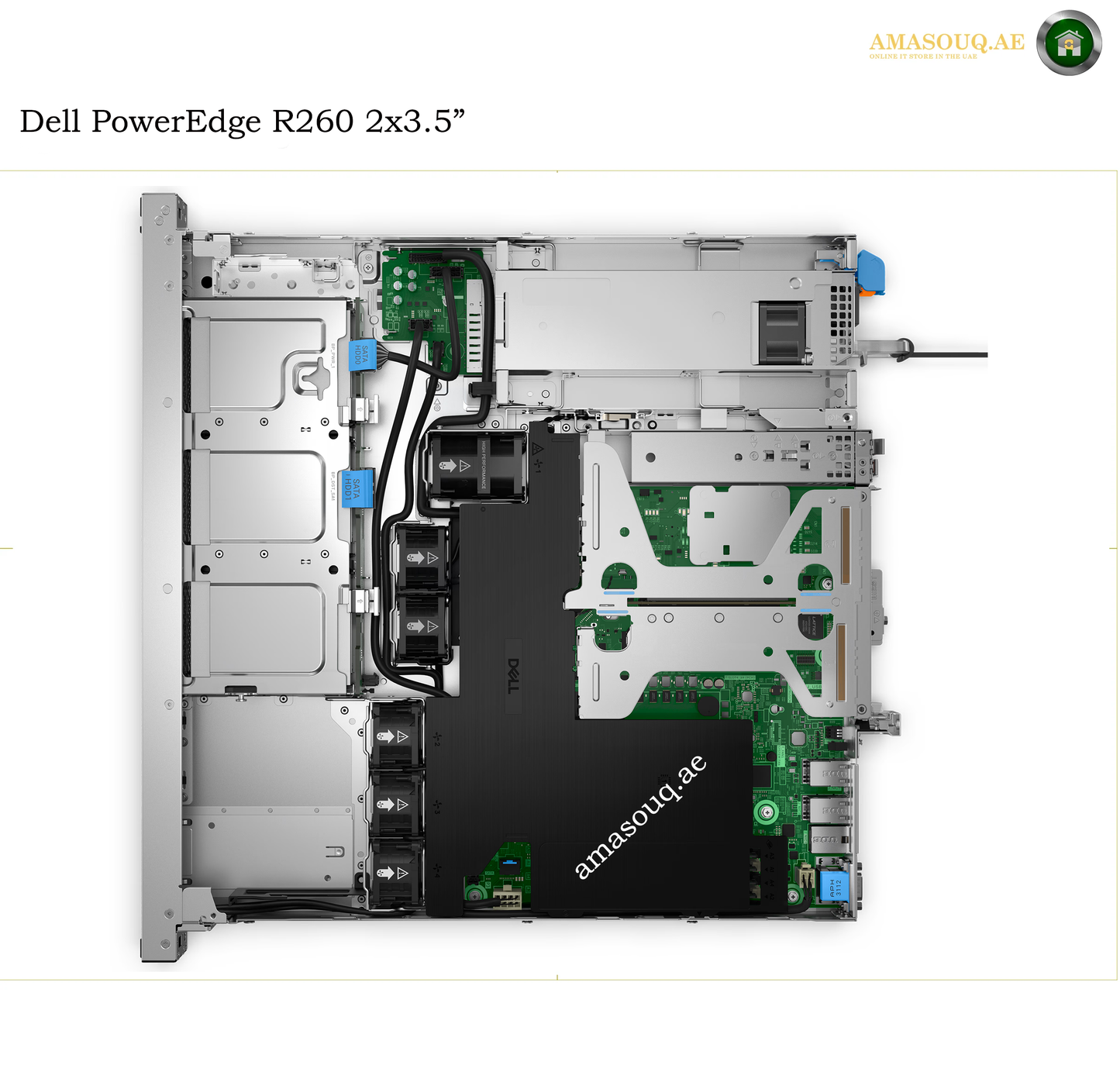Top-down view of an open Dell PowerEdge R260 2x3.5" server chassis showing internal components, with a black AMD processor package and green circuit boards, on a white background with text and logo.