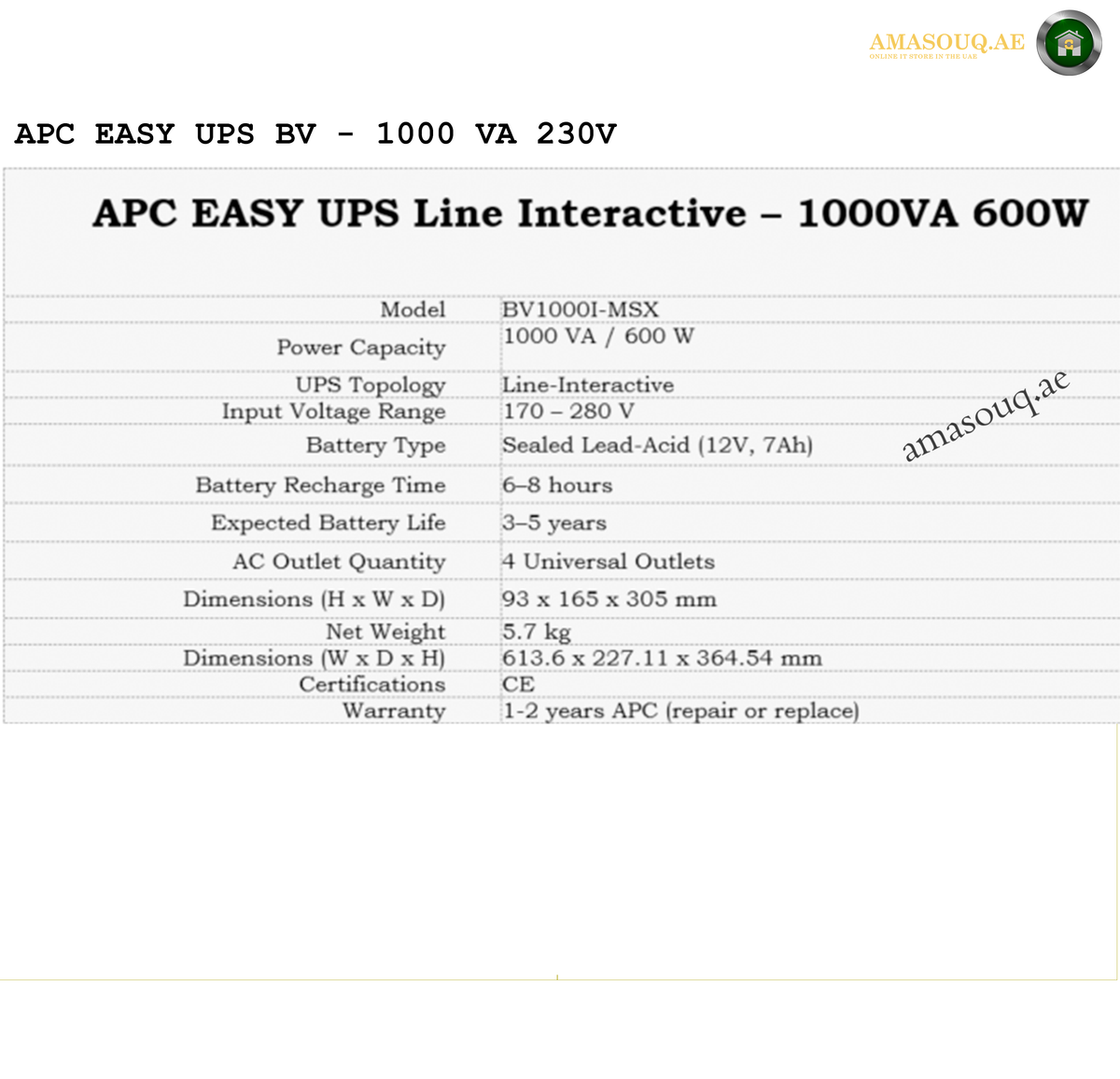 APC Easy UPS BV1000I-MSX automatic voltage regulation UPS. Technical specifications of APC Easy UPS Line Interactive 1000VA 600W on a white background