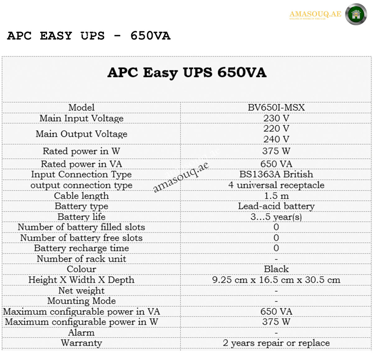 APC Easy UPS BV650I-MSX 650VA automatic voltage regulation UPS, Technical specifications of APC Easy UPS 650VA on a white background