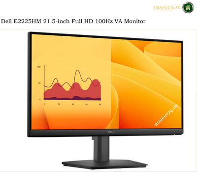 dell-e2225hm-front. Dell E2225HM 21.5-inch Full HD 100Hz VA Monitor with a black stand and bezel, shown on a white background with a yellow-orange screen wallpaper.