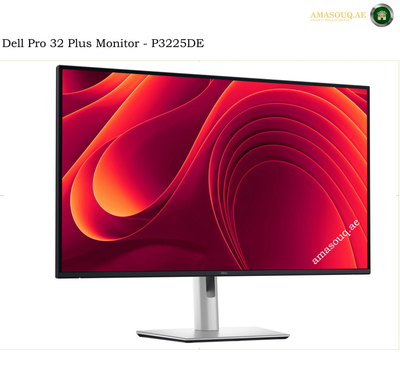 Dell P3225DE 31.5-inch QHD IPS monitor front view. Dell Pro 32 Plus Monitor P3225DE with a slim black bezel and a silver stand, shown on a white background with a colorful abstract red and orange screen wallpaper.