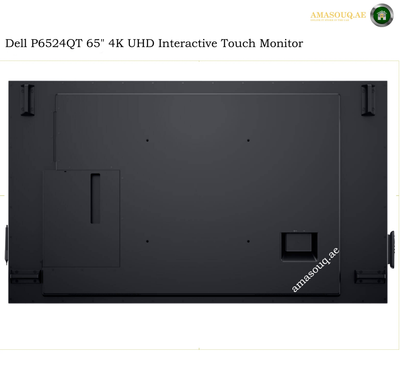 Dell P6524QT rear view 65 inch monitor. The back view of a Dell P6524QT 65-inch 4K UHD interactive touch monitor, showing a matte black chassis with mounting feet and a small port on the lower right, set against a white background with text overlays.