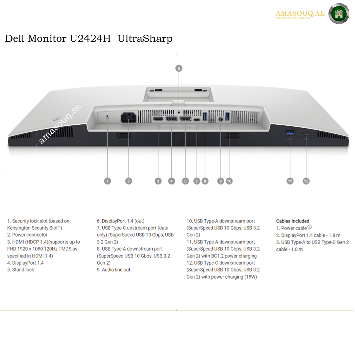 Dell U2424H monitor with USB 3.2 Gen 2 hub. Dell monitor U2424H UltraSharp technical diagram showing the front and back views of the monitor with numbered callouts and cable information on a white background.