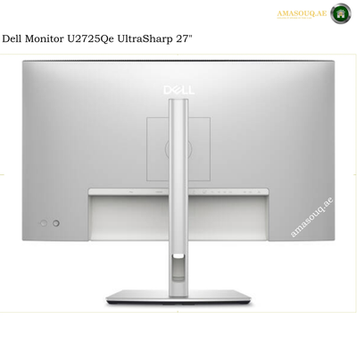 Dell U2725QE 27 inch 4K Monitor Back View. Dell monitor U2725Qe UltraSharp 27 inches shown from the rear, featuring a silver aluminum chassis, a central stand, and a flat base on a white background.