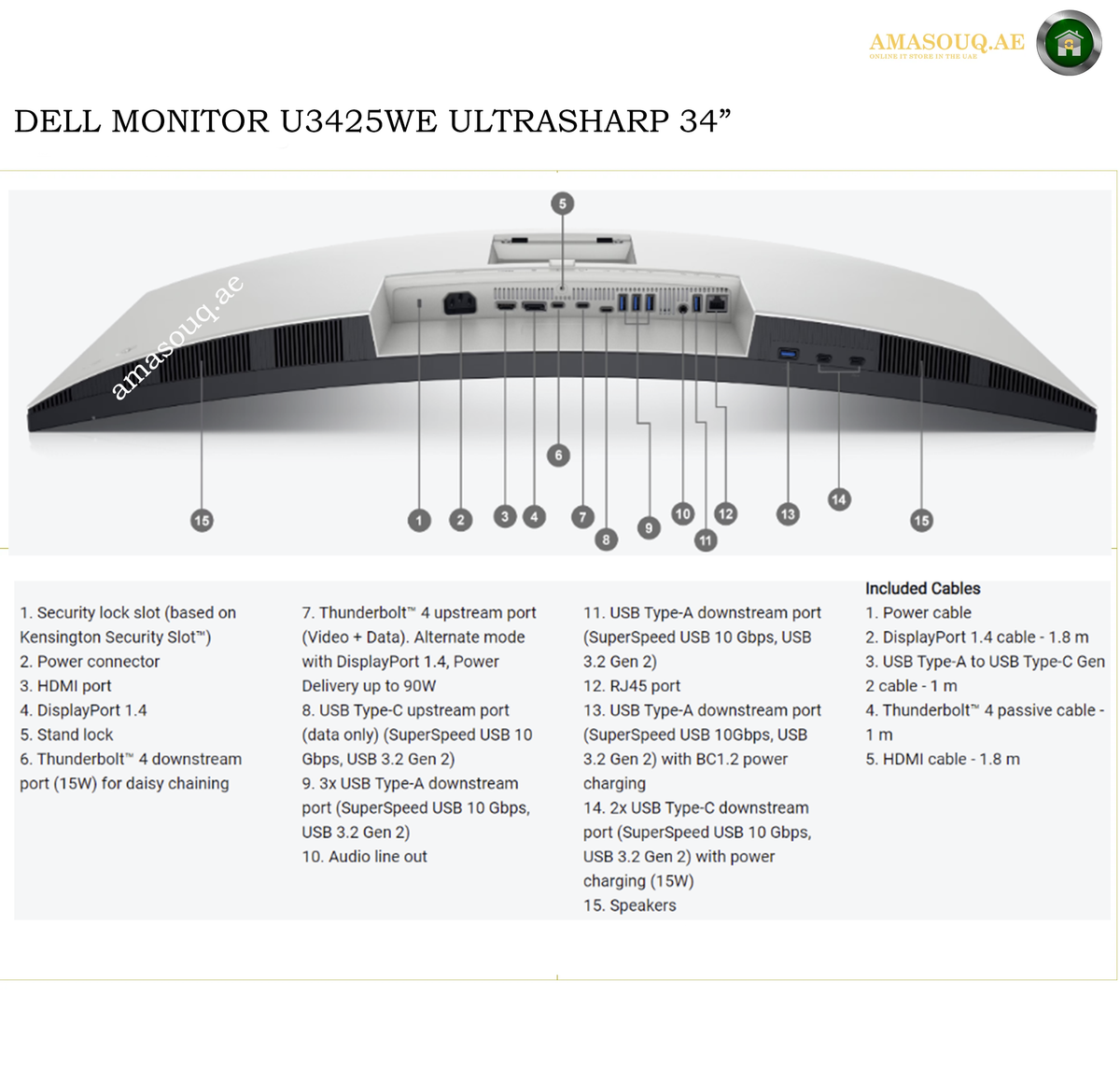 Dell U3425WE 2.5GbE Ethernet USB Hub Monitor. A technical specification and cable list diagram for a Dell monitor, showing a side view of the 34-inch U3425WE ultrasharp monitor with labeled ports and included cables on a white background with blue and black text.
