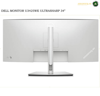 Dell U3425WE 34.1 Inch Curved Monitor Back View. Dell monitor U3425WE ultrasharp 34-inch rear view showing the back panel and stand on a white background.