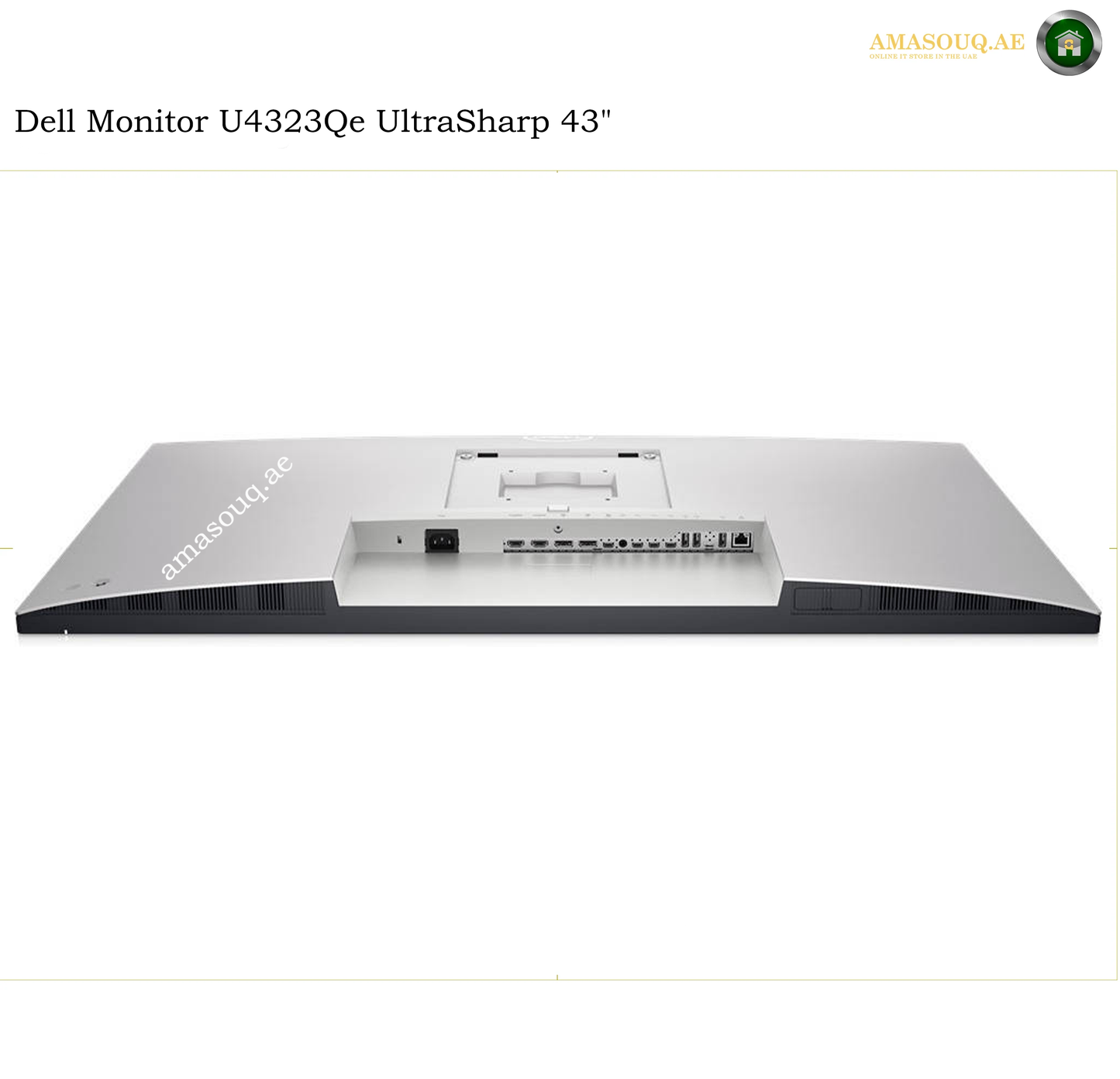 Dell U4323QE Ethernet USB HDMI DisplayPort ports. Dell monitor rear view showing the back panel with ports and a central mounting area, on a white background with text reading 'Dell Monitor U4323Qe UltraSharp 43"'.