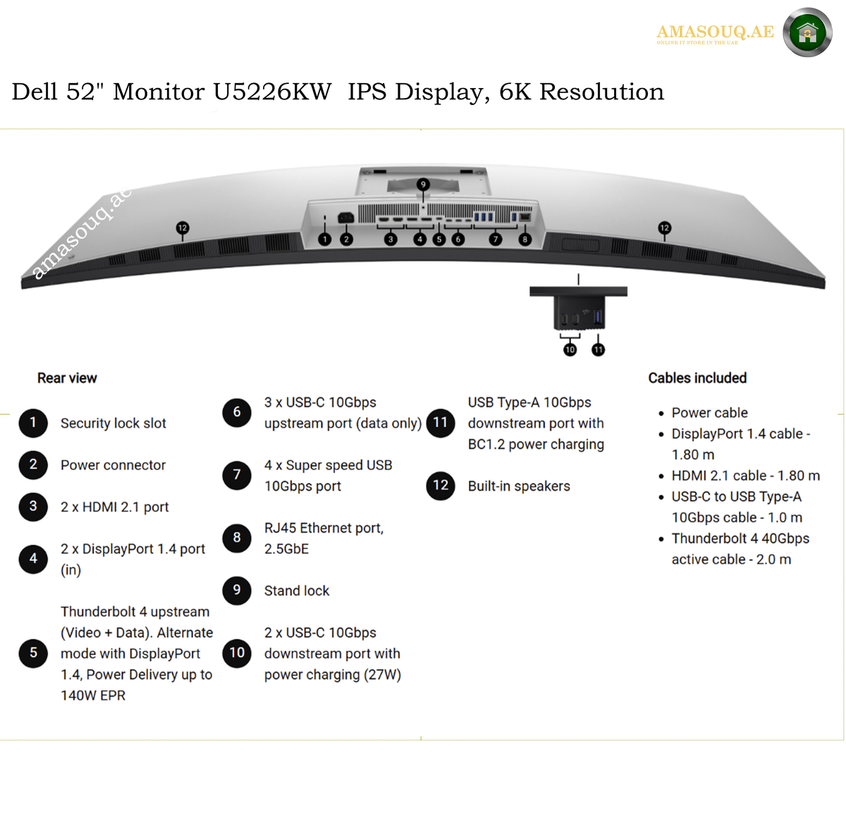 Dell U5226KW USB HDMI DisplayPort and 2.5GbE ports. A technical specification diagram for the Dell 52" Monitor U2226KW IPS Display, 6K Resolution. The image features a top-down schematic of the monitor with its ports labeled on the front and rear views, accompanied by a bulleted list of specifications and included cables on a white background with the Amasooqae brand logo in the top right corner.