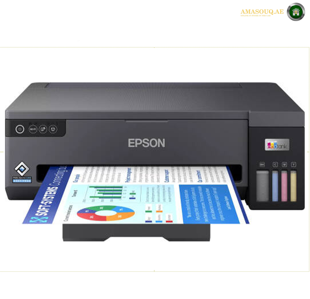 Epson EcoTank L11050 Borderless Colour Photo Printing | L11050. An Epson printer shown from the front on a white background, with a printed page partially ejected from the paper tray. The printer is dark gray/black with a small color display on the right and four ink tanks visible.