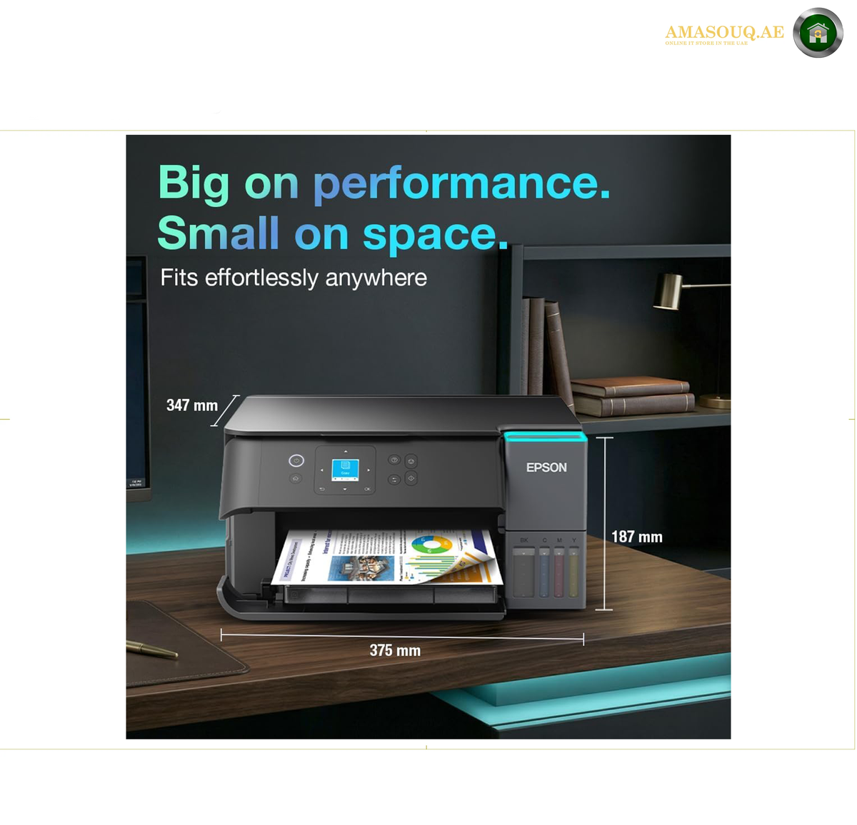 Epson EcoTank L4360 Wi-Fi Direct and Mobile Printing | L4360. Epson all-in-one printer shown on a desk in a home office setting, with dimensions labeled: 347 mm height, 375 mm width, and 187 mm depth. The printer is black with a cyan accent strip and a small blue display screen.