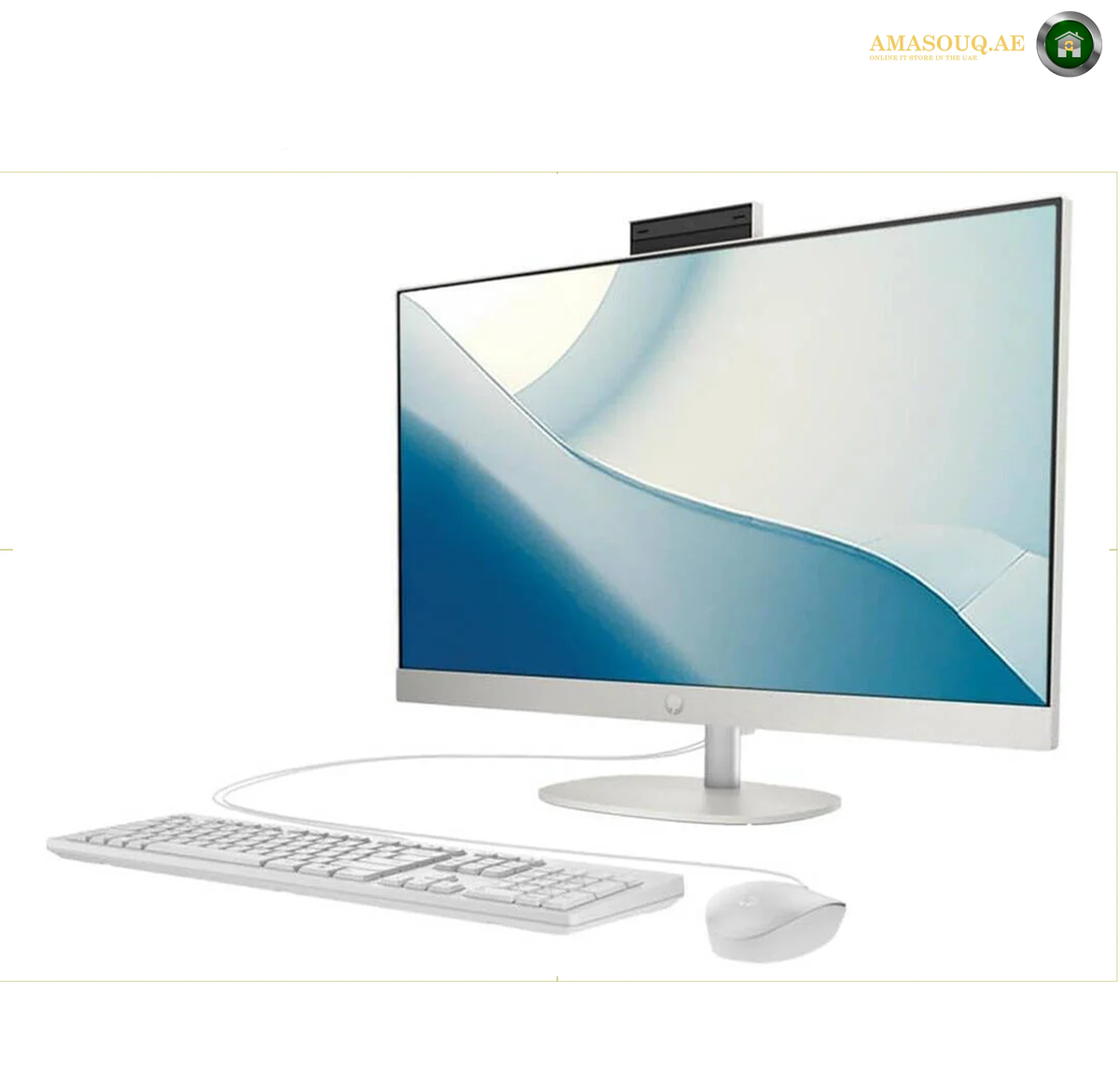 HP 23.8-Inch Full HD IPS Anti-Glare Display | B73T8EA#BH5. A white all-in-one desktop computer setup with a wide monitor, keyboard, and mouse on a plain white background. The monitor displays a blue and white abstract wallpaper.