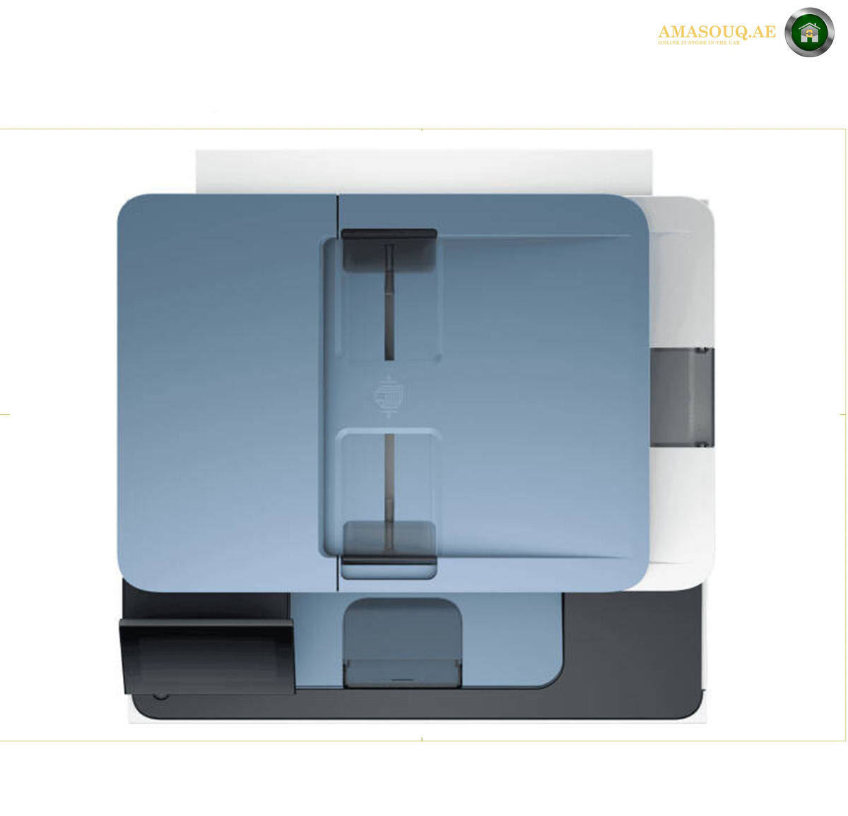 HP Color LaserJet Pro MFP 3303fdw automatic two-sided colour printing | 499M8A.A top-down view of a compact printer or scanner with a dusty blue top cover, black base, and white side panel, shown on a plain white background.