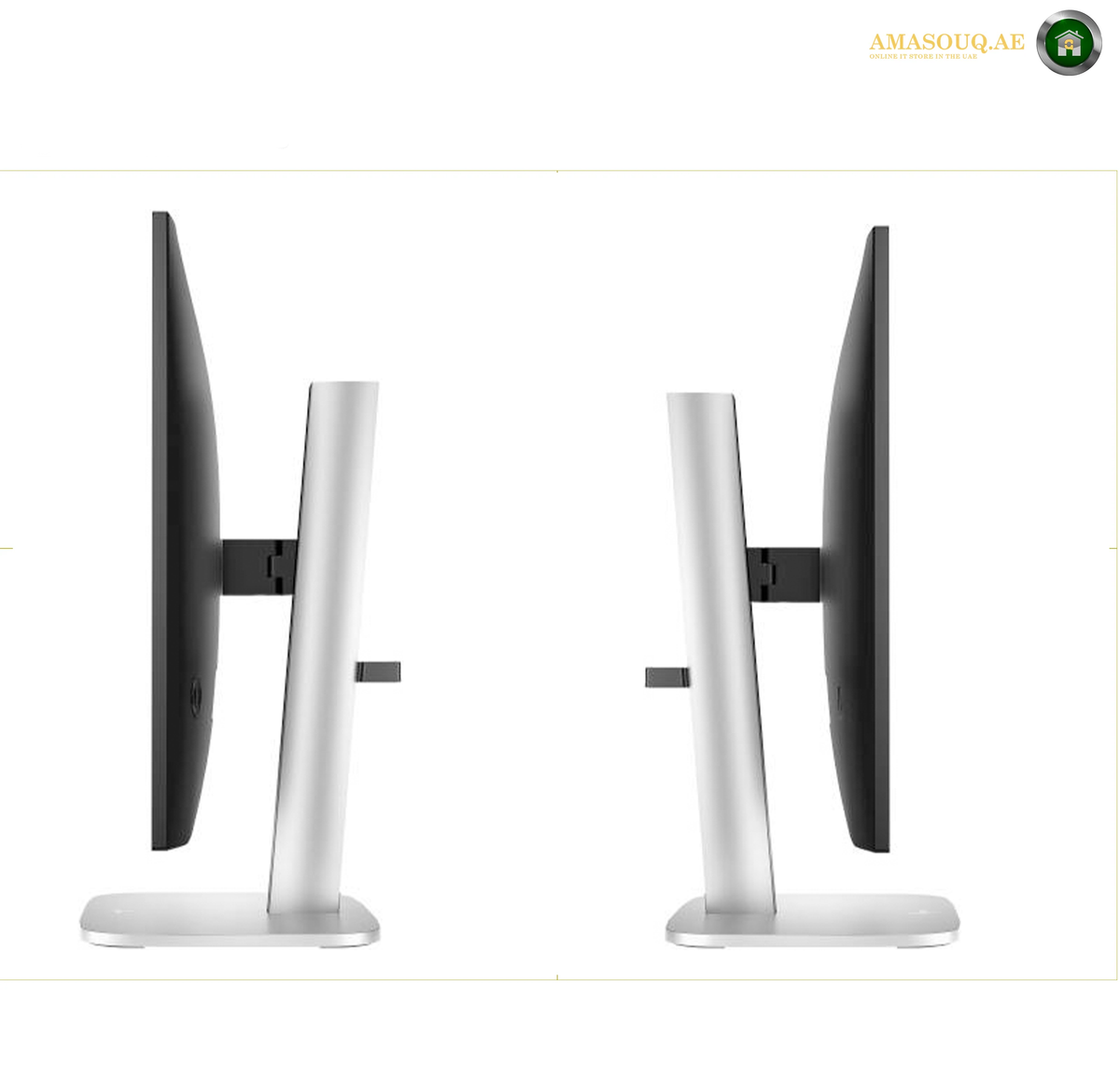 HP S5 527pq Professional Business Monitor | 9D9S0AS#ABV. Two side-by-side views of a modern computer monitor with a silver stand and black bezel, shown from the left and right profiles against a white background.
