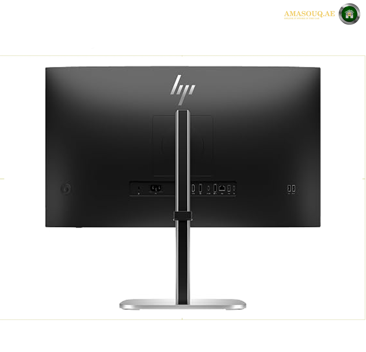 HP S5 527pu professional QHD business monitor | 9E0G5AS#ABV. HP monitor stand with a black rectangular monitor backplate and a slim silver stand, shown from the rear on a white background.