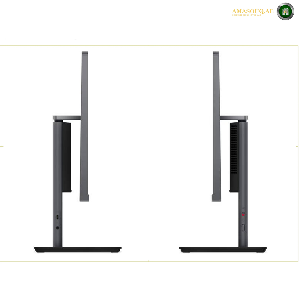 Lenovo AIO neo 50a 23.8 Inch All-in-One Side View 12SC007LGP.Two views of a slim modern computer monitor on a plain white background, showing the left and right side profiles of the stand and screen.
