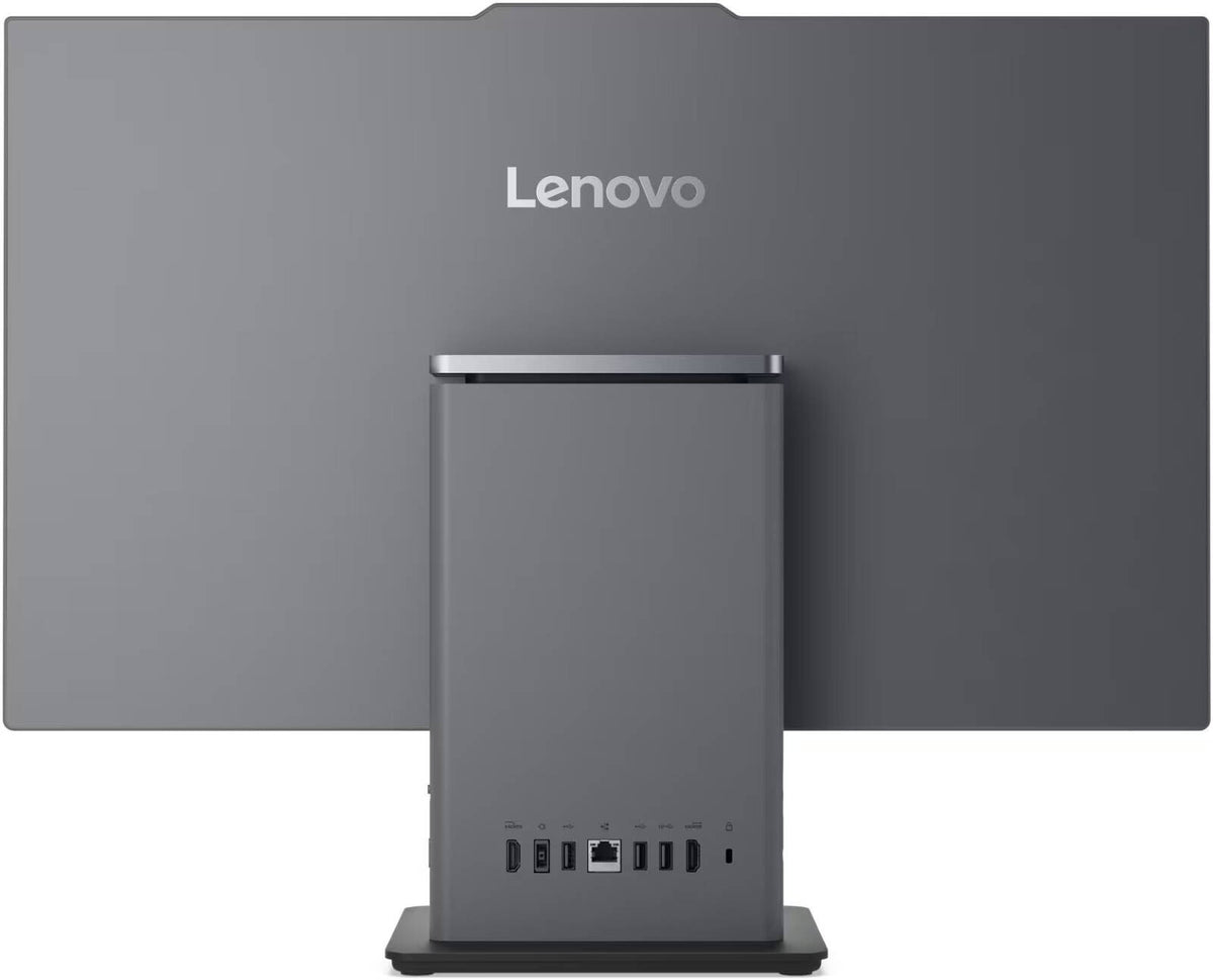 Lenovo ThinkCentre neo 50a 27 Gen 5 Rear View All-in-One PC. Lenovo all-in-one desktop computer with a slim dark gray tower and matching large rear display panel, shown on a white background.