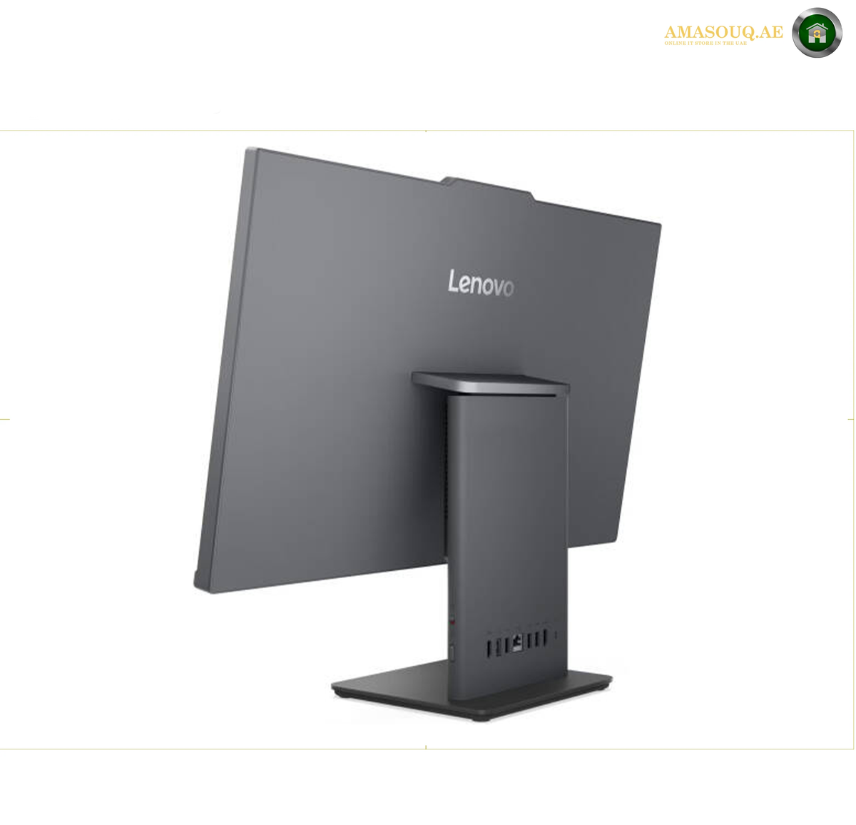 Lenovo ThinkCentre neo 50a 27 Gen 6 16GB RAM 512GB SSD.
A Lenovo computer monitor shown from the rear three-quarter angle, featuring a dark gray matte finish and a matching stand, set against a plain white background.