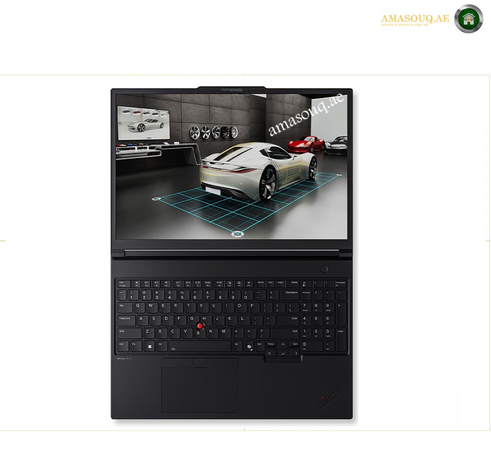 A black Lenovo ThinkPad laptop shown open against a white background, with the screen displaying a 3D car rendering and the text 'amasouq.ae'. Lenovo ThinkPad P16 Gen 3 RTX PRO 5000 Blackwell workstation