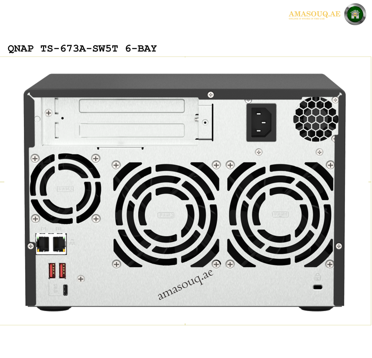 QNAP TS-673A-8G AMD Ryzen V1500B NAS | TS-673A-8G.Back view of a QNAP TS-673A-SW5T 6-BAY NAS with cooling fans on a white background.
