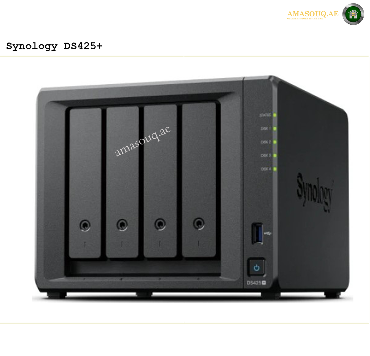 Synology DiskStation DS425+ 4-Bay NAS Intel Celeron J4125 2GB RAM 2 NVMe. Synology DS425+ storage device on a white background
