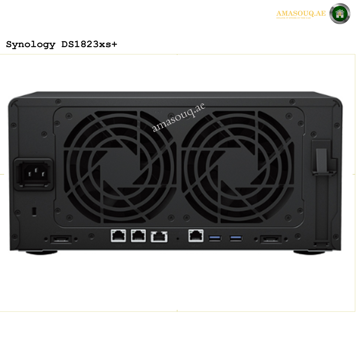 Synology DS1823xs+ 8-Bay NAS with Eight Drive Bays for Scalable Storage | DS1823xs+. Back view of a Synology DS1823xs+ NAS device with fans and ports.