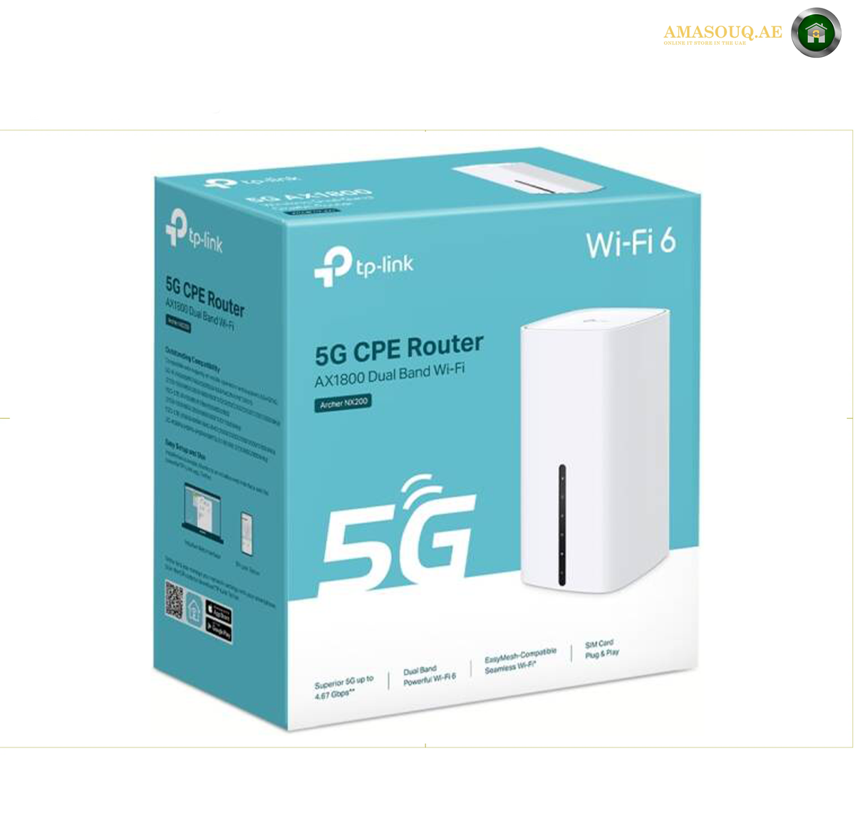 TP-Link Archer NX200 5G router with Nano SIM connectivity | NX200. TP-Link 5G CPE Router AX1800 dual-band Wi-Fi 6 retail packaging box, shown at a three-quarter angle on a white background.