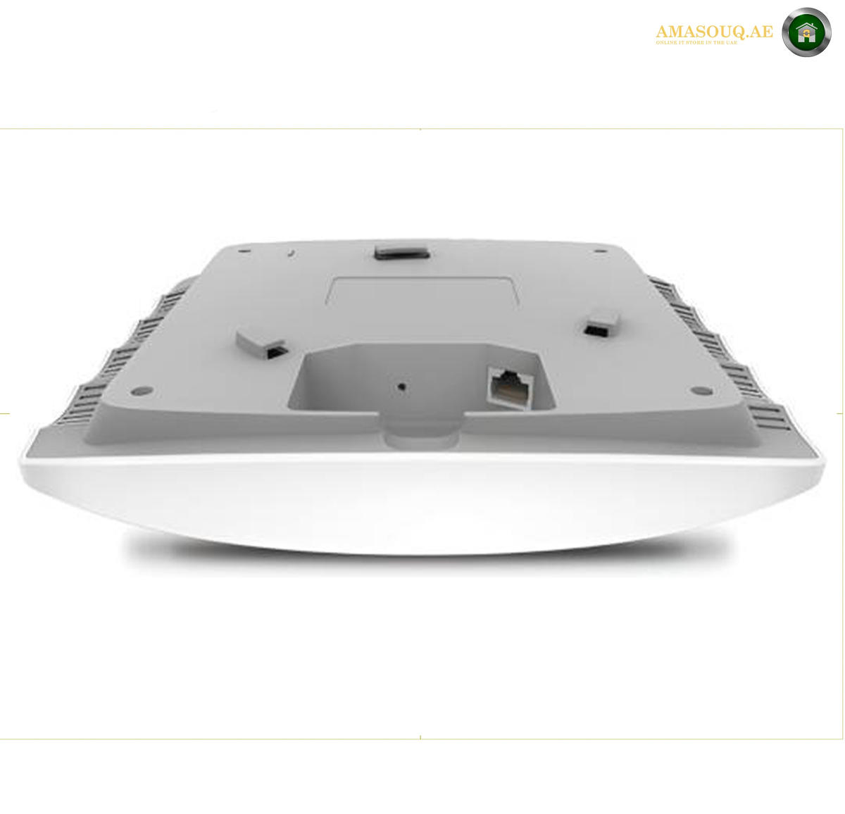 TP-Link EAP223 Gigabit Ethernet RJ45 port for business network connectivity. A modern computer monitor with a slim silver stand, displaying a colorful abstract wavy wallpaper on its screen, set against a plain white background.