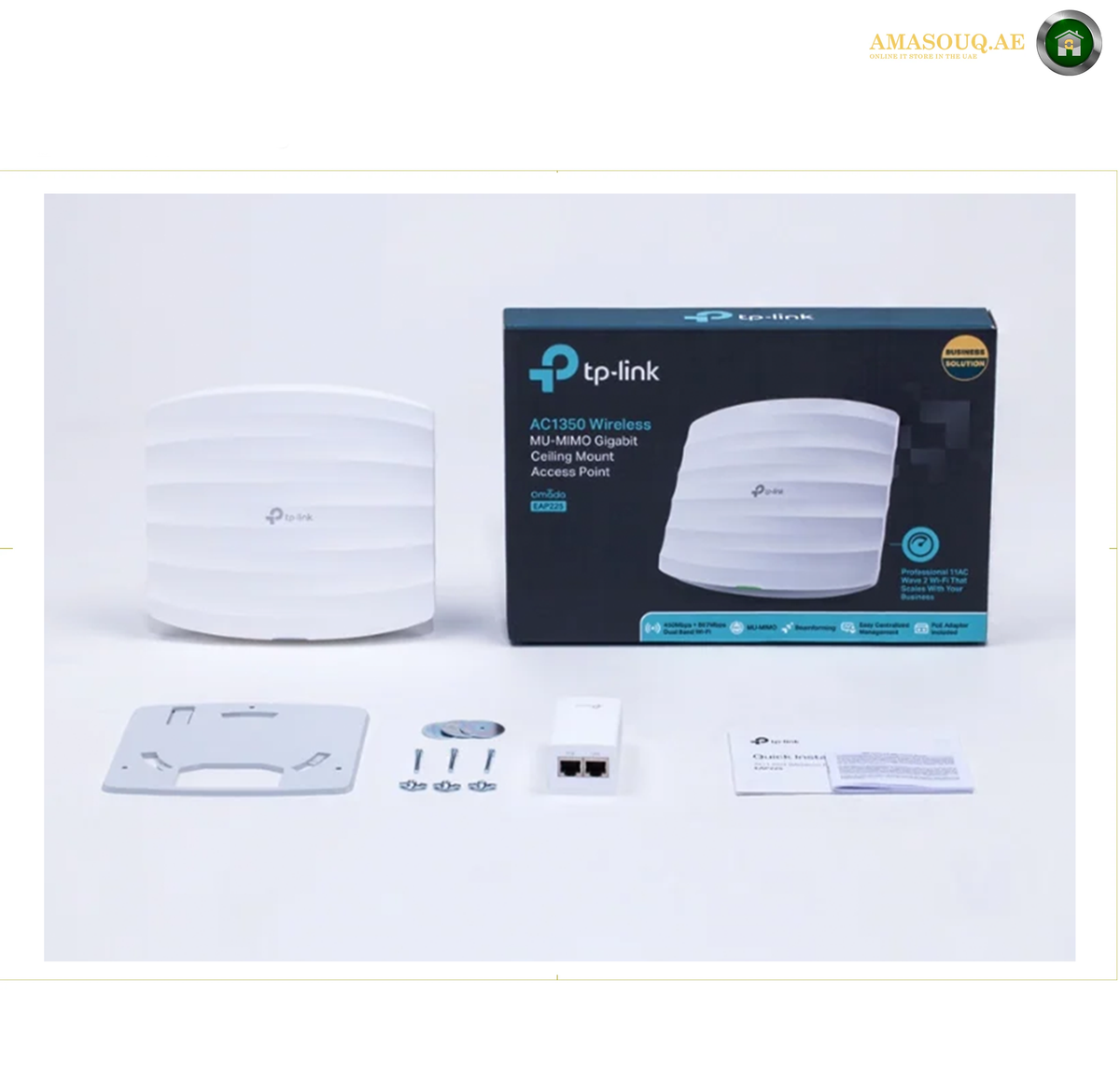 TP-Link EAP225 PoE-compatible ceiling mount wireless access point. TP-Link AC1550 Wireless Mi-Fi 1600 Outdoor Ceiling Mount Kit shown with its retail box, white ceiling mount bracket, small connector module, screws, and instruction booklet on a clean white background.