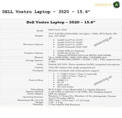🖥️ Dell Vostro 3520  Laptop - 15.6" - Ubuntu Linux