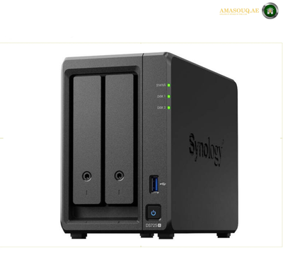 DiskStation DS725+ 2 Drive Bays NAS Server, AMD Ryzen R1600 Processor, 4GB RAM, 3.5" SATA HDD, 2.5" SATA SSD, M.2 2280 NVMe SSD, Hot Swappable Drive, Black | DS725+ | Free Warranty 2 Years | amasouq.ae