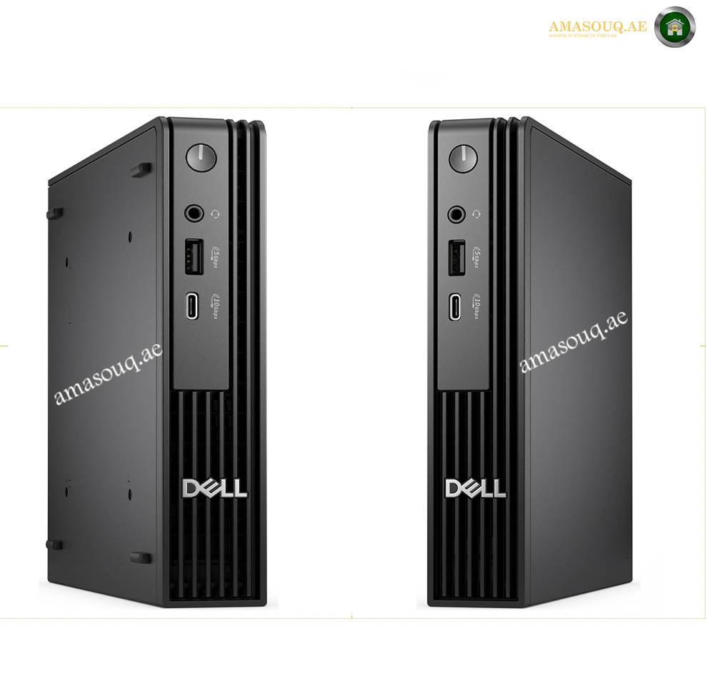 Dell Pro Micro QCM1250 desktop with English keyboard. Two views of a black Dell desktop mini PC tower on a white background, showing the front and side profiles. The Dell logo is clearly visible on the front of both units.