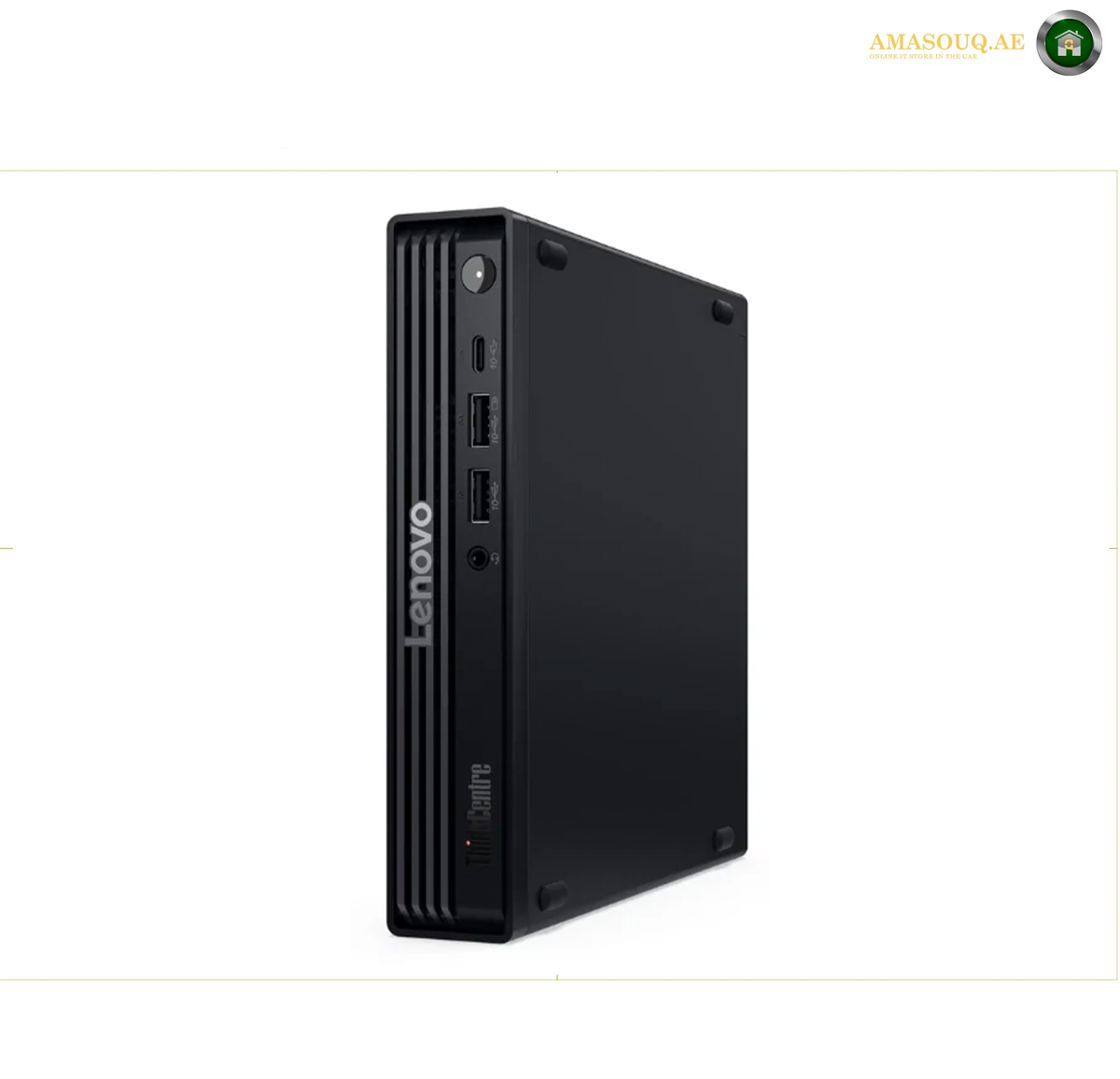 A black Lenovo Slim Desktop mini PC shown from a three-quarter angle on a white background.