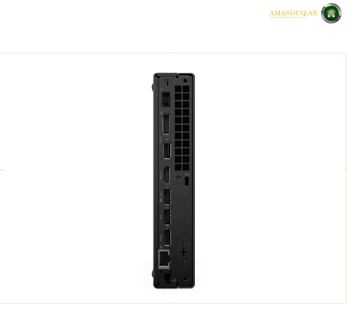 A slim black desktop computer shown from the rear, displaying various ports including USB, HDMI, Ethernet, and a cooling vent, set against a plain white background.
