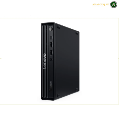 A black Lenovo Slim Desktop mini PC shown from a three-quarter angle on a white background.