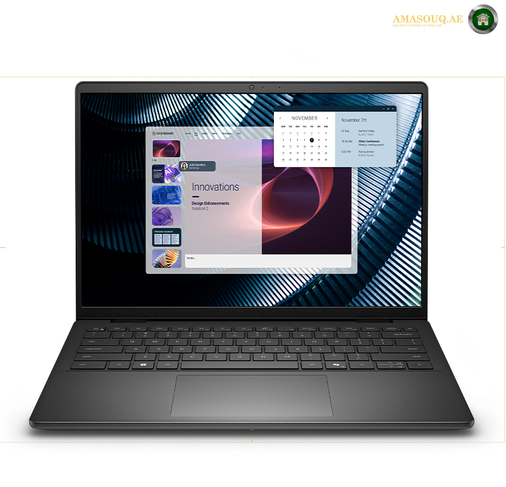 Dell Pro 14 PC14250 U5-235U 16GB 1TB SSD Laptop Front View | PC14250. A black laptop shown from the front on a white background, with its screen turned on and displaying a software interface and calendar widget. The brand name 'AMASOUQAE' is visible in the top right corner.