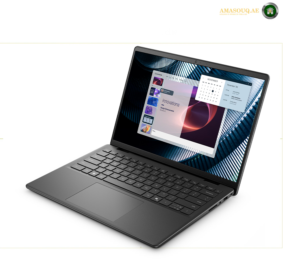 Dell Pro 14 Plus PB14250 14 Inch Non-Touch Display U7-265U Laptop | PB14250. A black laptop computer shown open at an angle on a white background, with its screen turned on and displaying software windows. The brand name 'AMASOUQAE' is visible in the top right corner.