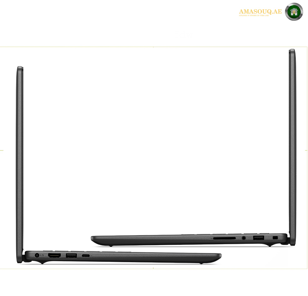 Dell Pro 14 Plus PB14250 U7-265U Fingerprint Reader 32GB 1TB Laptop | PB14250. A slim dark gray laptop shown from the side in two views on a white background, with a small AMASOUQAE watermark in the top right corner.