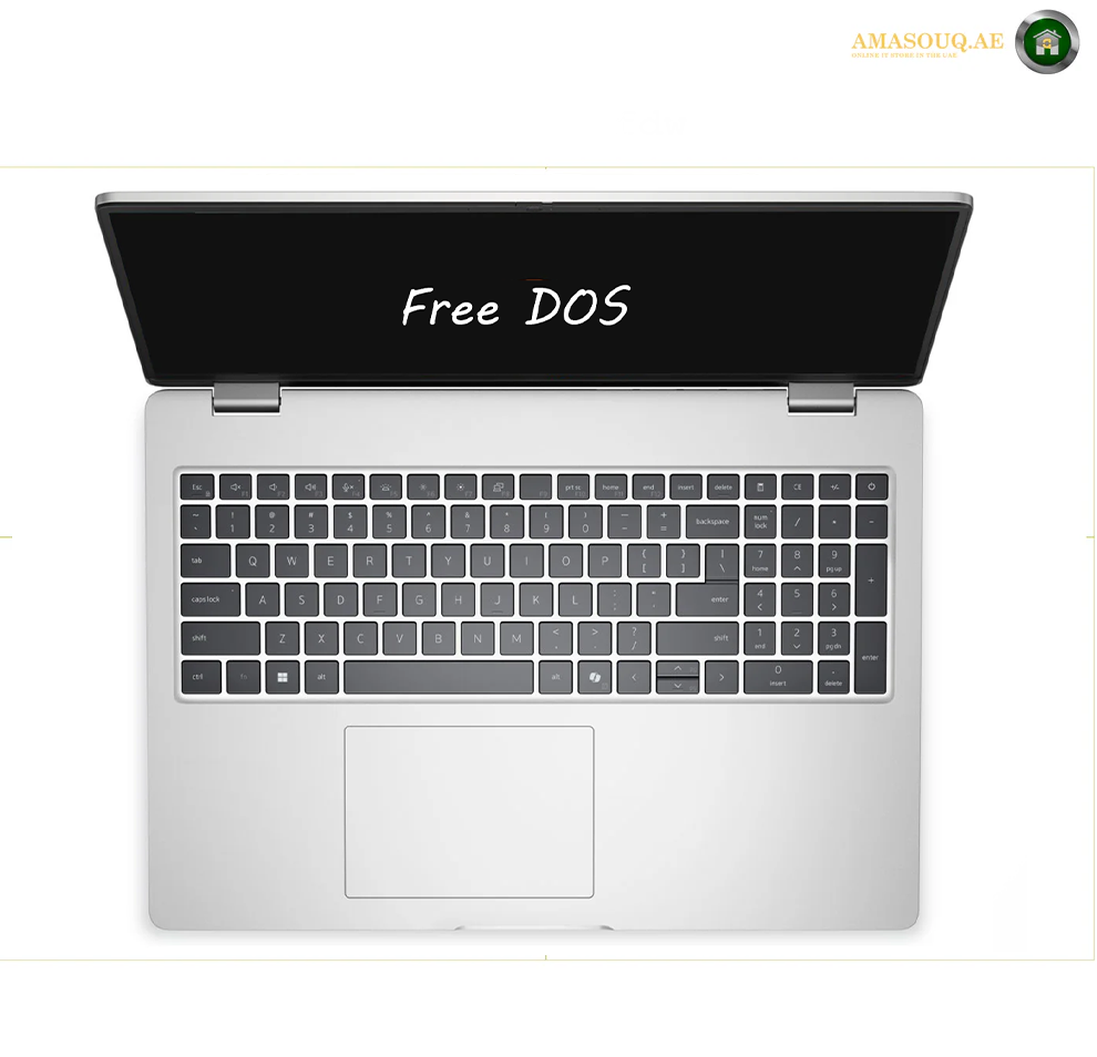 Dell Pro 16 PC16250 U7-255U 16GB 1TB SSD Laptop Keyboard | PC16250. An open silver laptop shown from above on a white background, with the screen displaying the text 'Free DOS'. The brand logo 'AMASOUQAE' is visible in the top right corner.