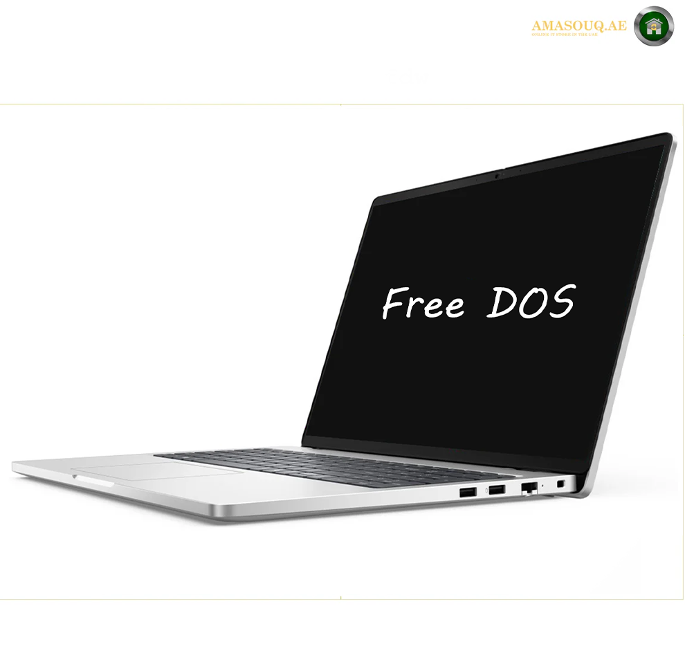 Dell Pro 16 PC16250 U7-255U 16 Inch FHD+ Display Laptop | PC16250. A silver laptop shown open at an angle on a white background, with a black screen displaying the text 'Free DOS'. The brand name 'AMASOUQAE' is visible in the top right corner.