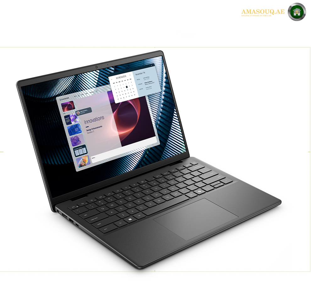 Dell Pro 16 Plus PB16250 U7-265U 8GB 512GB Laptop Side View | PB16250. A black laptop computer shown open at an angle on a white background, with its screen displaying software windows. The brand name 'AMASOUQ.