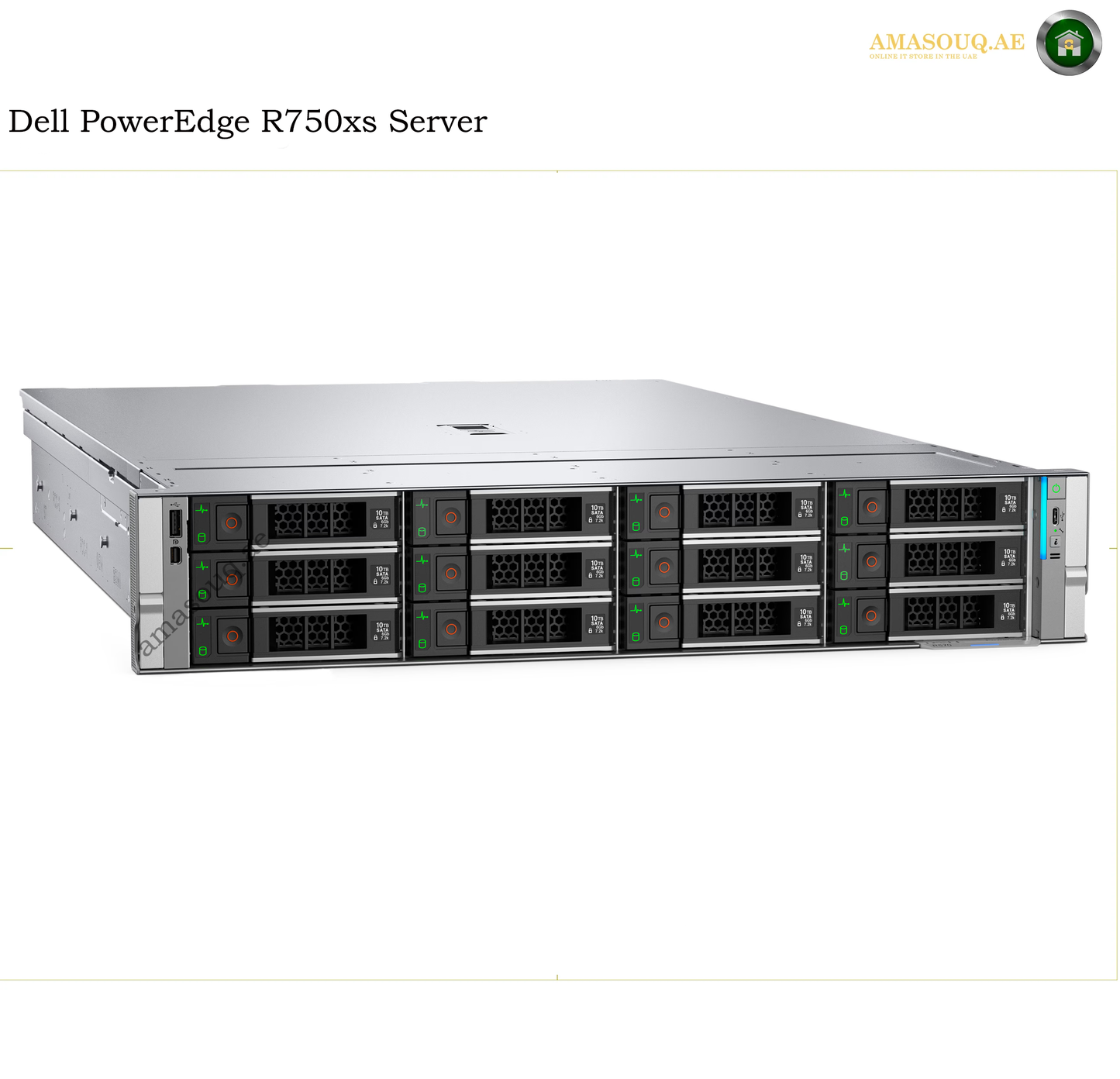 Dell PowerEdge R750xs server shown in a clean studio-style product shot on a white background, with the model name printed at the top left and an Amasouq.com logo at the top right.