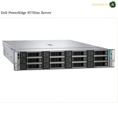 Dell PowerEdge R750xs server shown in a clean studio-style product shot on a white background, with the model name printed at the top left and an Amasouq.com logo at the top right.