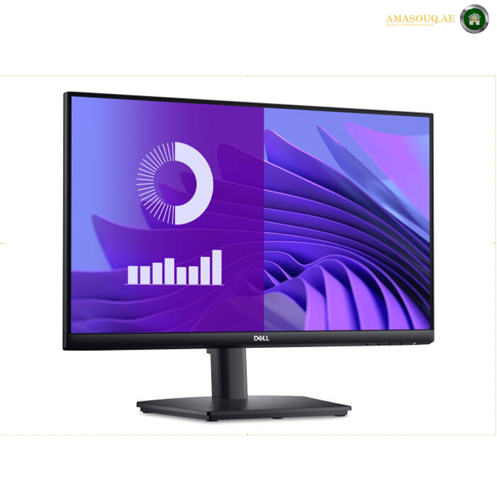 A  Dell 24 Monitor - E2425HS side view  Dell computer monitor with a black stand, shown on a white background. The screen displays a purple and blue abstract wallpaper with a white circular loading icon and bar chart.