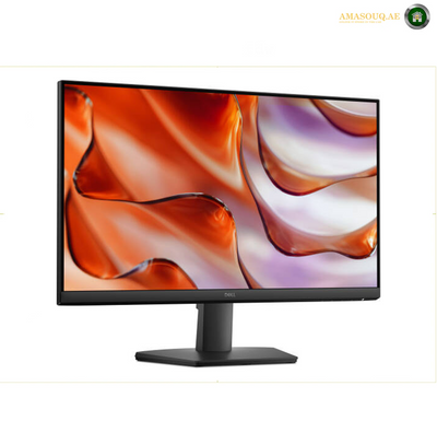 Dell 24 Monitor - SE2425HM Front View 12. Dell computer monitor with a black stand, displaying an abstract orange, red, and purple wallpaper on a white background.