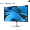 Dell P2725QE 27-inch IPS monitor side view. Dell Pro 27 Plus Monitor P2725QE with a slim black bezel and a silver stand, shown on a white background with a blue abstract screen wallpaper.