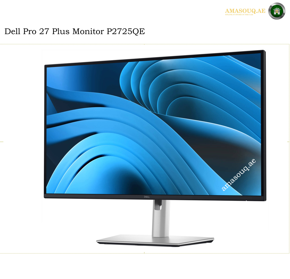 Dell P2725QE 27-inch IPS monitor side view. Dell Pro 27 Plus Monitor P2725QE with a slim black bezel and a silver stand, shown on a white background with a blue abstract screen wallpaper.