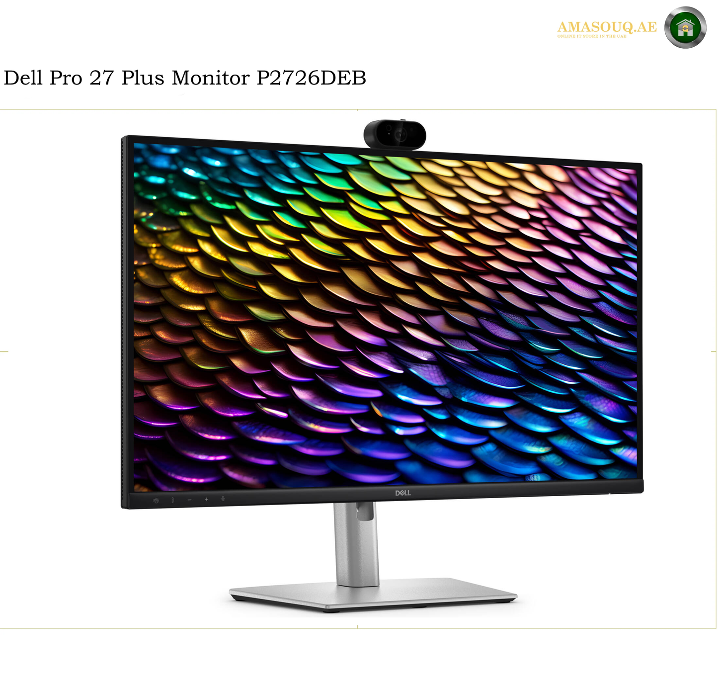 Dell P2726DEB 27-inch QHD IPS monitor front view Dell Pro 27 Plus Monitor P2726DEB with a built-in webcam on top, shown on a white background with a colorful rainbow scale wallpaper on the screen.