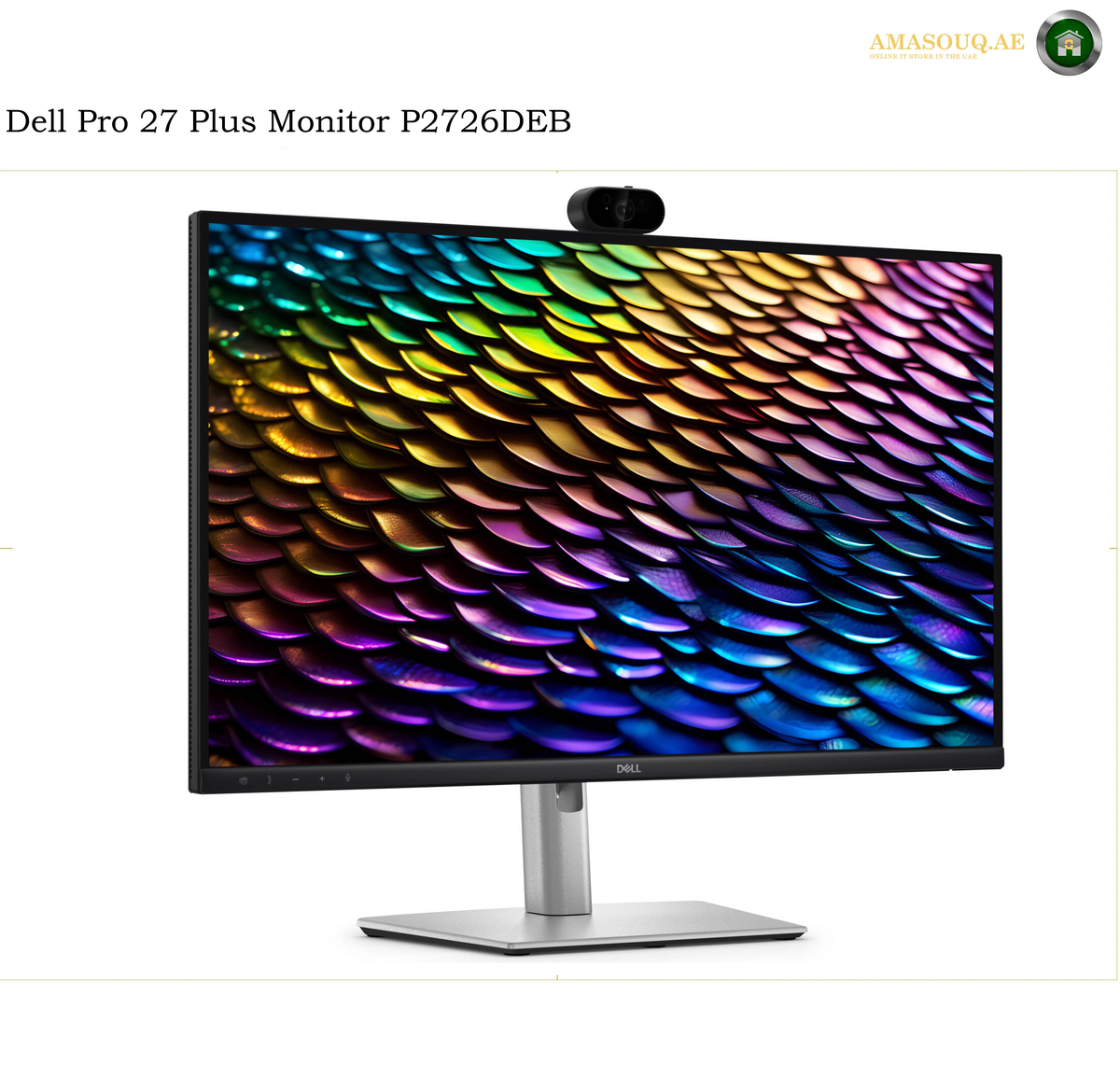Dell P2726DEB 27-inch QHD IPS monitor front view Dell Pro 27 Plus Monitor P2726DEB with a built-in webcam on top, shown on a white background with a colorful rainbow scale wallpaper on the screen.