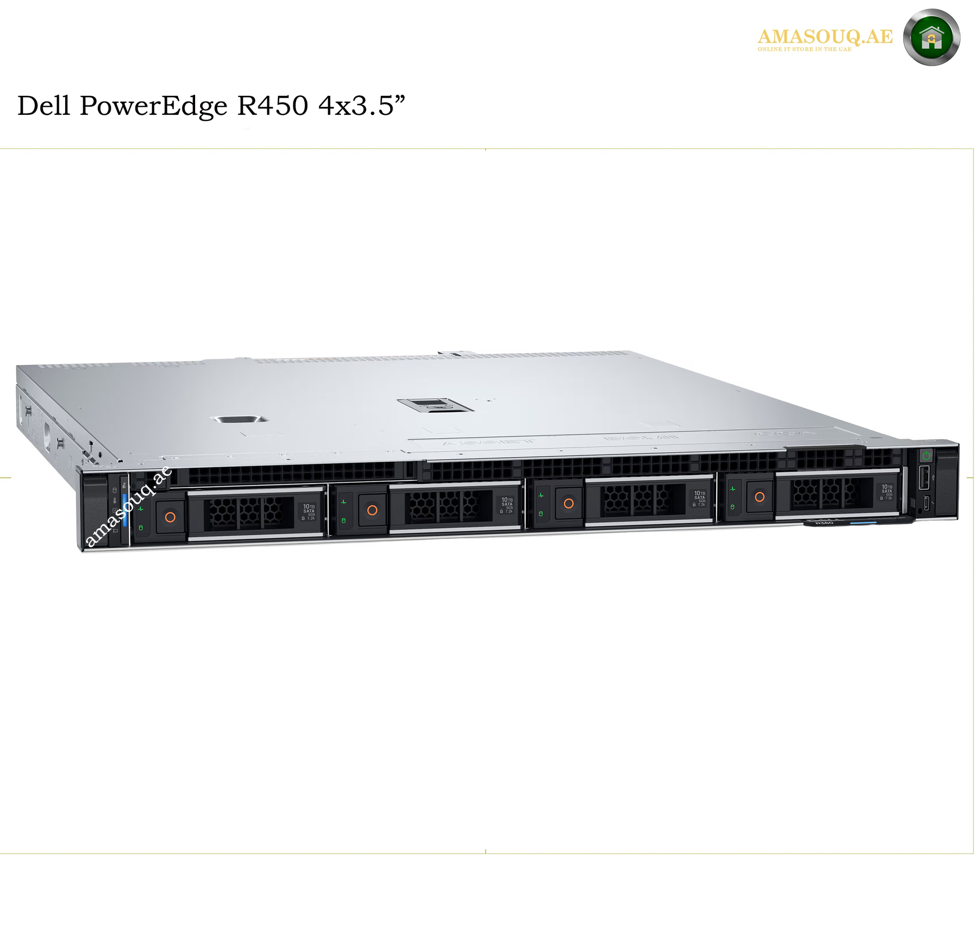 Dell PowerEdge R450 4U rack server shown from a front three-quarter angle on a white background, with text reading 'Dell PowerEdge R450 4x3.5"' at the top left.
